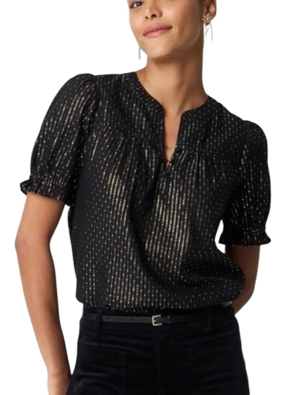 NWT J. Crew Black & Metallic Gold Lurex Dot Puff Sleeve Blouse - XS